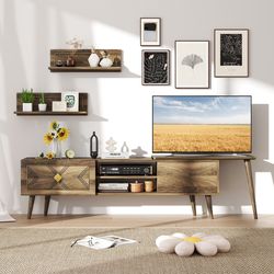 modern walnut tv stand for 85 inch tv, mid-century media console with storage cabinets & floating wall-mounted shelves