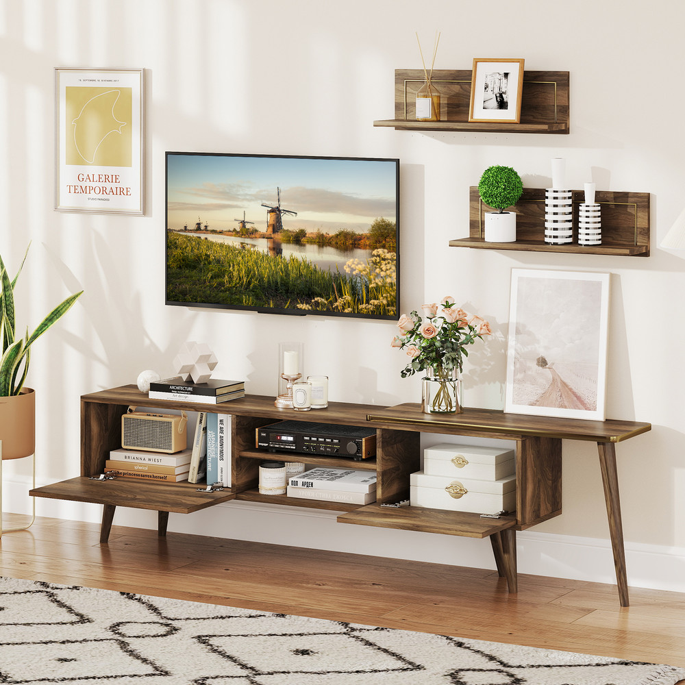 Modern Walnut TV Stand for 85 Inch TV, Mid-Century Media Console with Storage Cabinets & Floating Wall-Mounted Shelves