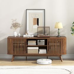2-door tv stand for tvs up to 60 inches with adjustable shelves, mid-century entertainment center with storage cabinets