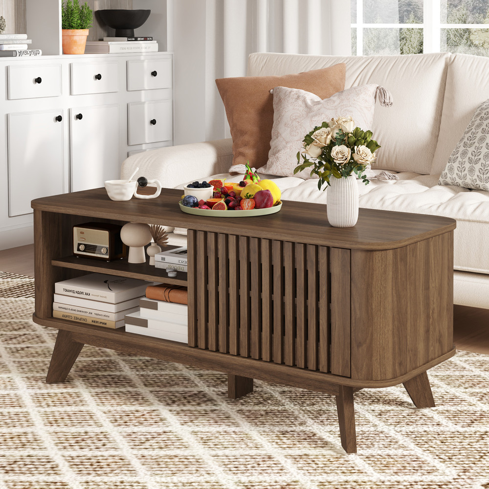 Modern Rectangular Coffee Table with Storage and Adjustable Shelves, Wooden Center Table with Doors & Open Compartments