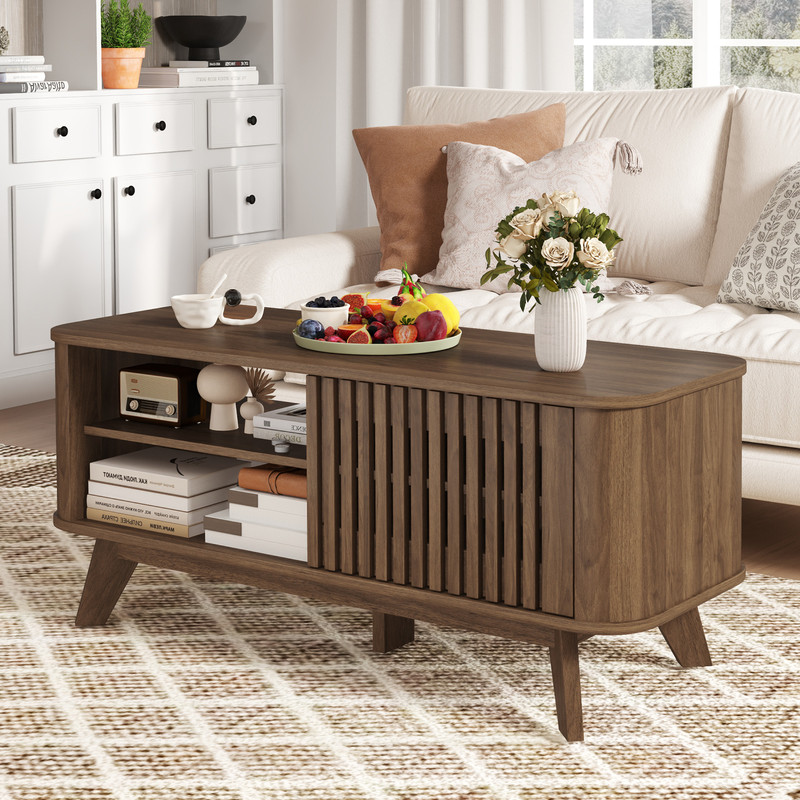 Modern Rectangular Coffee Table with Storage and Adjustable Shelves, Wooden Center Table with Doors & Open Compartments