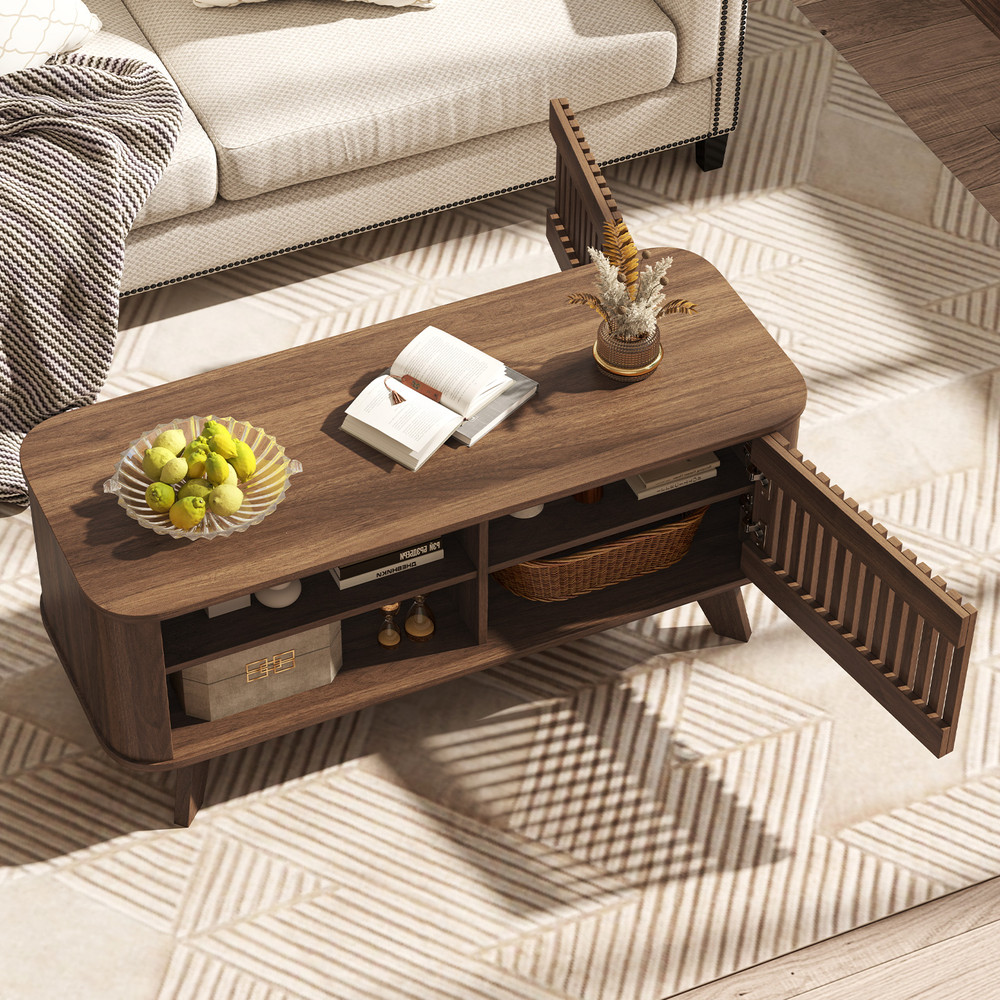 Modern Rectangular Coffee Table with Storage and Adjustable Shelves, Wooden Center Table with Doors & Open Compartments