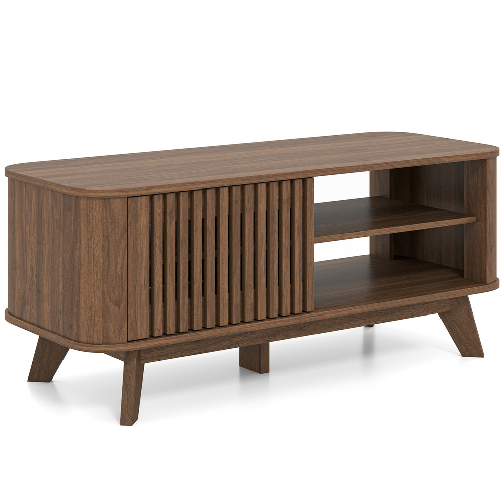 Modern Rectangular Coffee Table with Storage and Adjustable Shelves, Wooden Center Table with Doors & Open Compartments