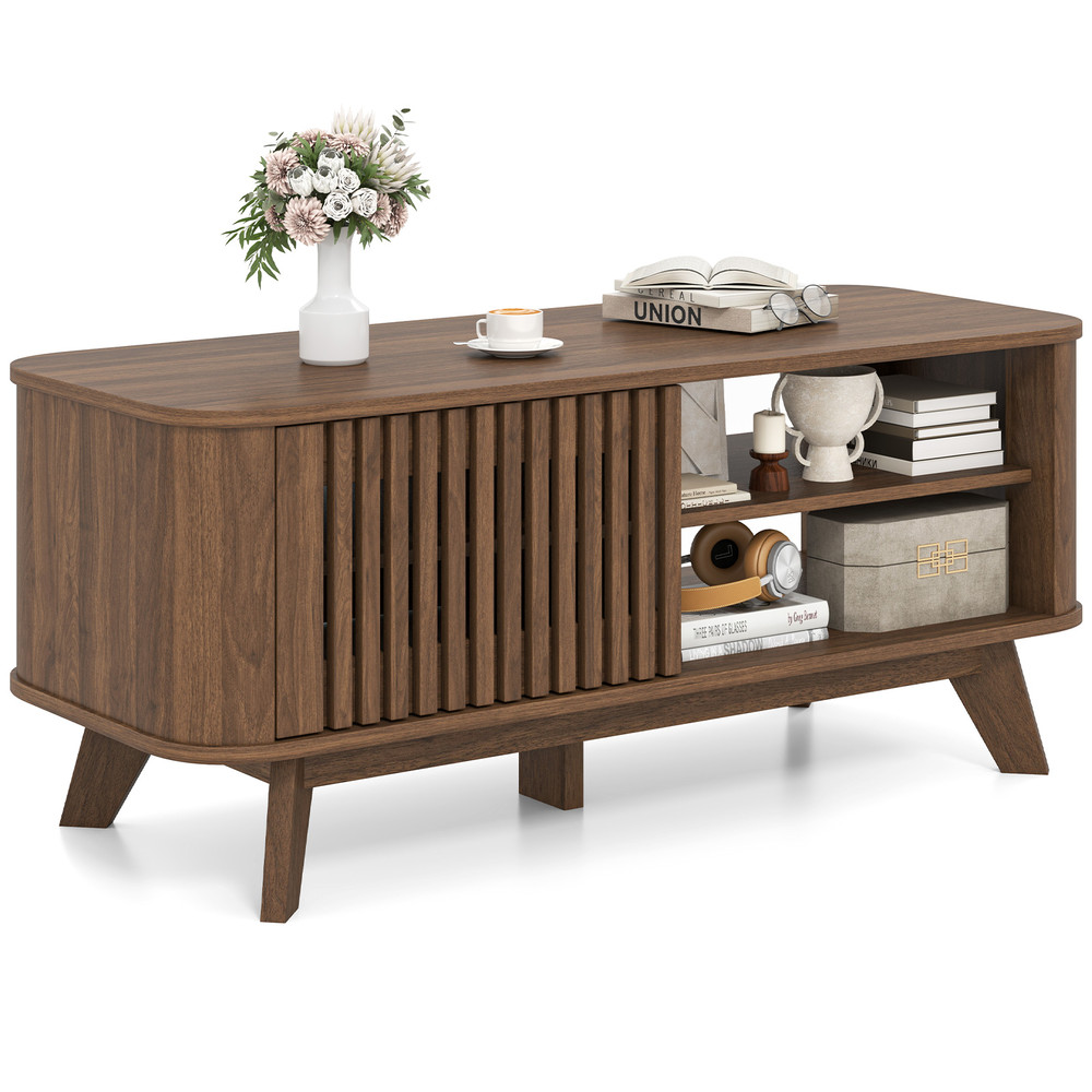 Modern Rectangular Coffee Table with Storage and Adjustable Shelves, Wooden Center Table with Doors & Open Compartments
