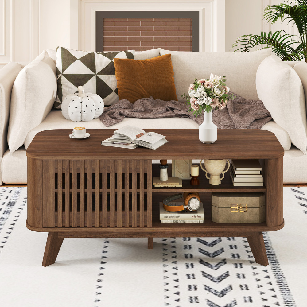 Modern Rectangular Coffee Table with Storage and Adjustable Shelves, Wooden Center Table with Doors & Open Compartments