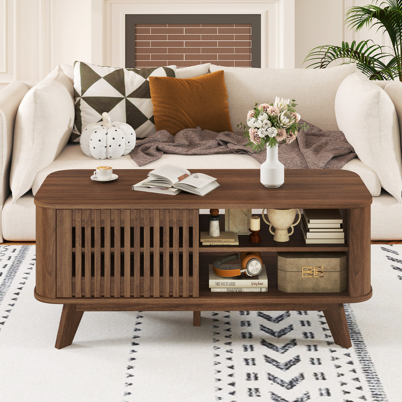 Modern Rectangular Coffee Table with Storage and Adjustable Shelves, Wooden Center Table with Doors & Open Compartments