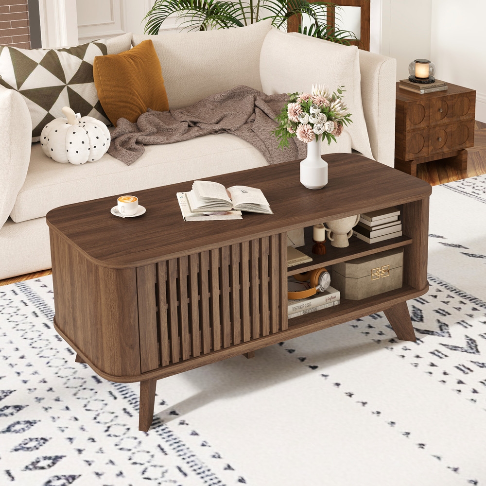 Modern Rectangular Coffee Table with Storage and Adjustable Shelves, Wooden Center Table with Doors & Open Compartments