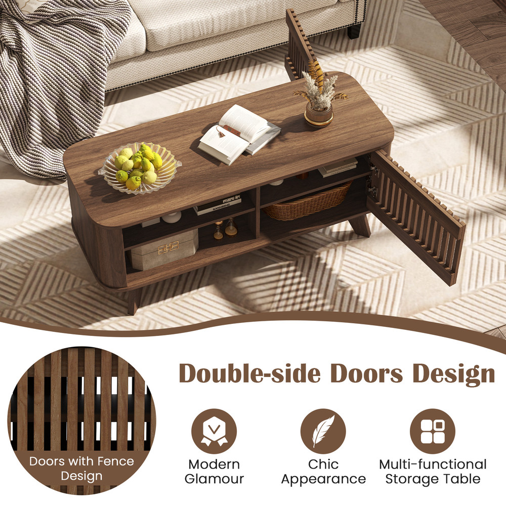 Modern Rectangular Coffee Table with Storage and Adjustable Shelves, Wooden Center Table with Doors & Open Compartments
