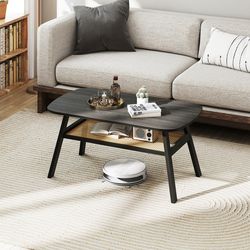 2-tier rectangular center coffee table with rattan storage shelf & rubber wood legs, rustic farmhouse living room