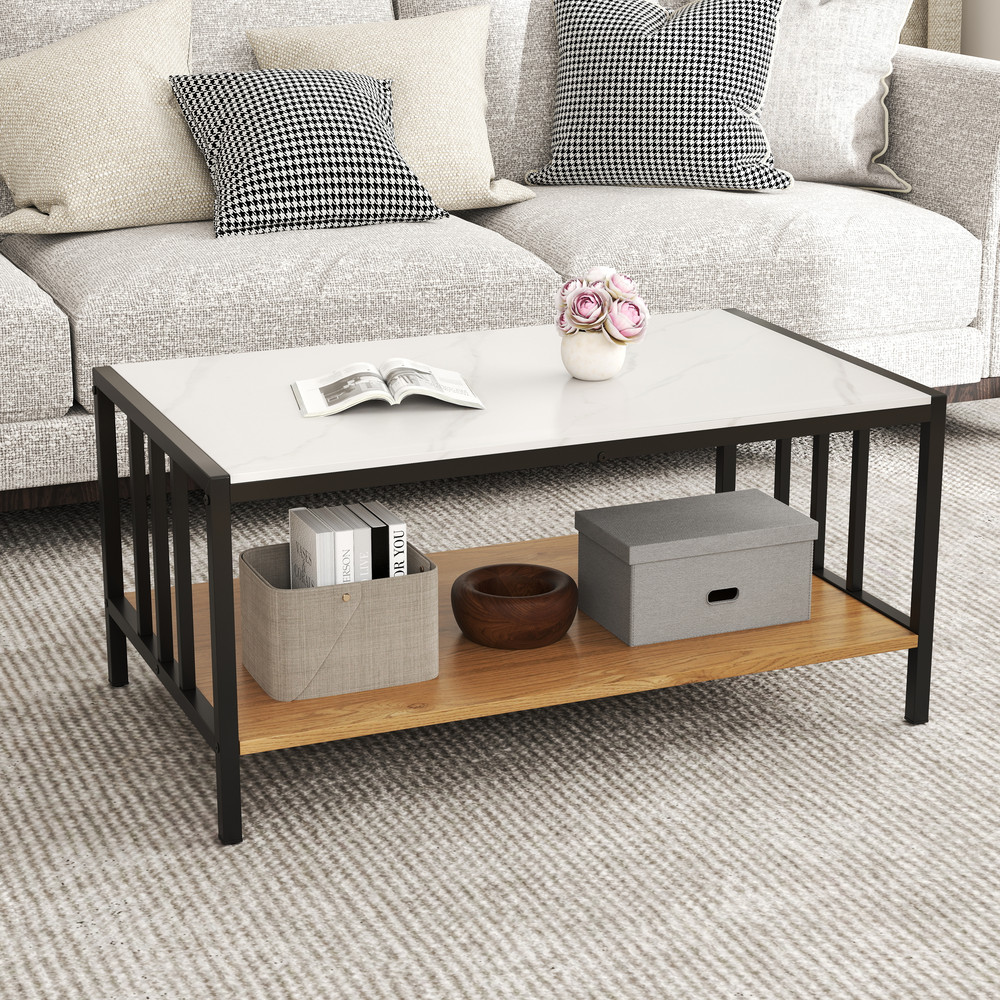 Modern 2 Tier Coffee Table with Sintered Stone Tabletop, Faux Marble Accent Center Table with Storage Shelf for Room