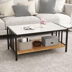 modern 2 tier coffee table with sintered stone tabletop, faux marble accent center table with storage shelf for room