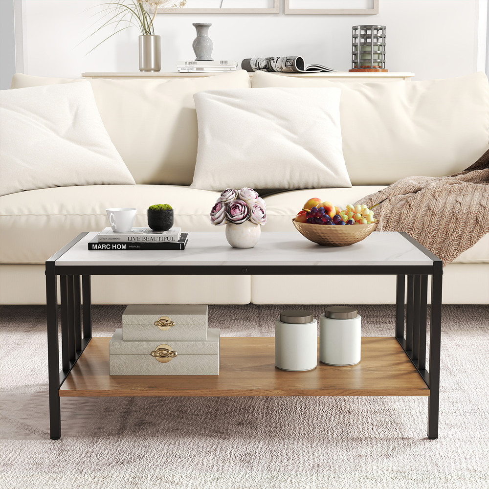 Modern 2 Tier Coffee Table with Sintered Stone Tabletop, Faux Marble Accent Center Table with Storage Shelf for Room