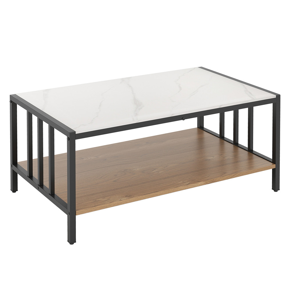 Modern 2 Tier Coffee Table with Sintered Stone Tabletop, Faux Marble Accent Center Table with Storage Shelf for Room