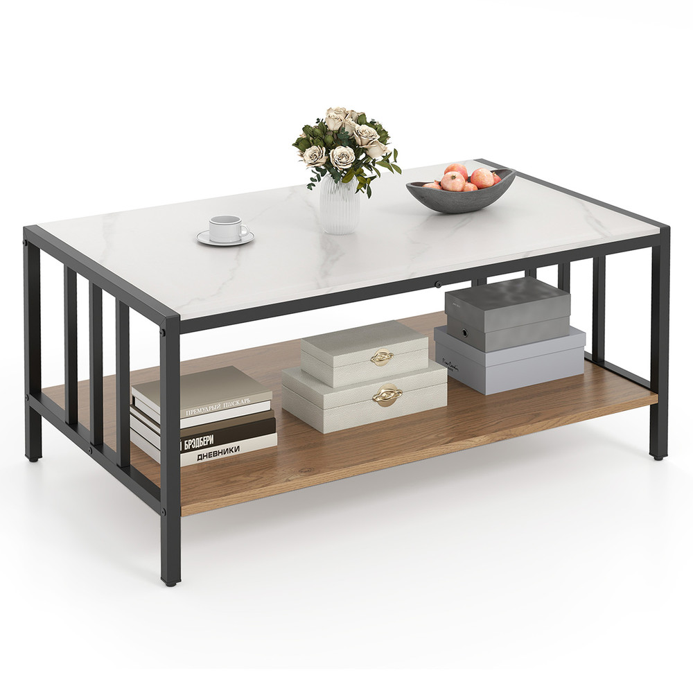 Modern 2 Tier Coffee Table with Sintered Stone Tabletop, Faux Marble Accent Center Table with Storage Shelf for Room