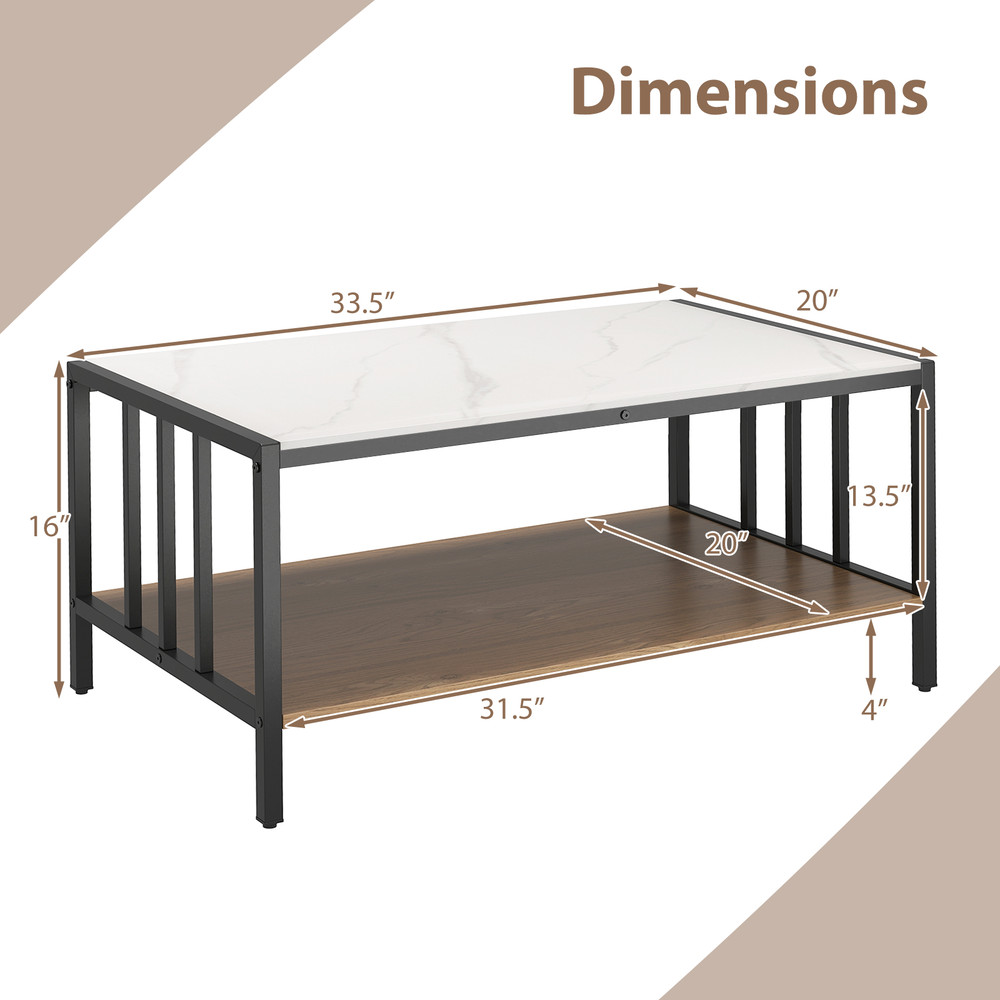 Modern 2 Tier Coffee Table with Sintered Stone Tabletop, Faux Marble Accent Center Table with Storage Shelf for Room