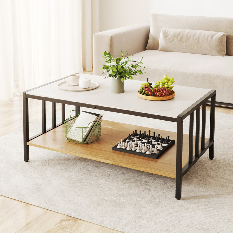 Modern 2 Tier Coffee Table with Sintered Stone Tabletop, Faux Marble Accent Center Table with Storage Shelf for Room