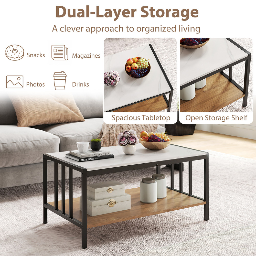 Modern 2 Tier Coffee Table with Sintered Stone Tabletop, Faux Marble Accent Center Table with Storage Shelf for Room