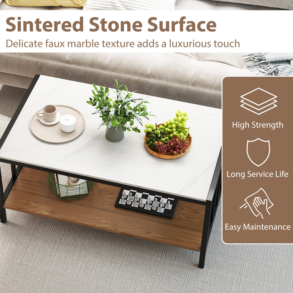 Modern 2 Tier Coffee Table with Sintered Stone Tabletop, Faux Marble Accent Center Table with Storage Shelf for Room