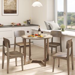 solid wood round dining table with wing-shaped pedestal, seats 2-4