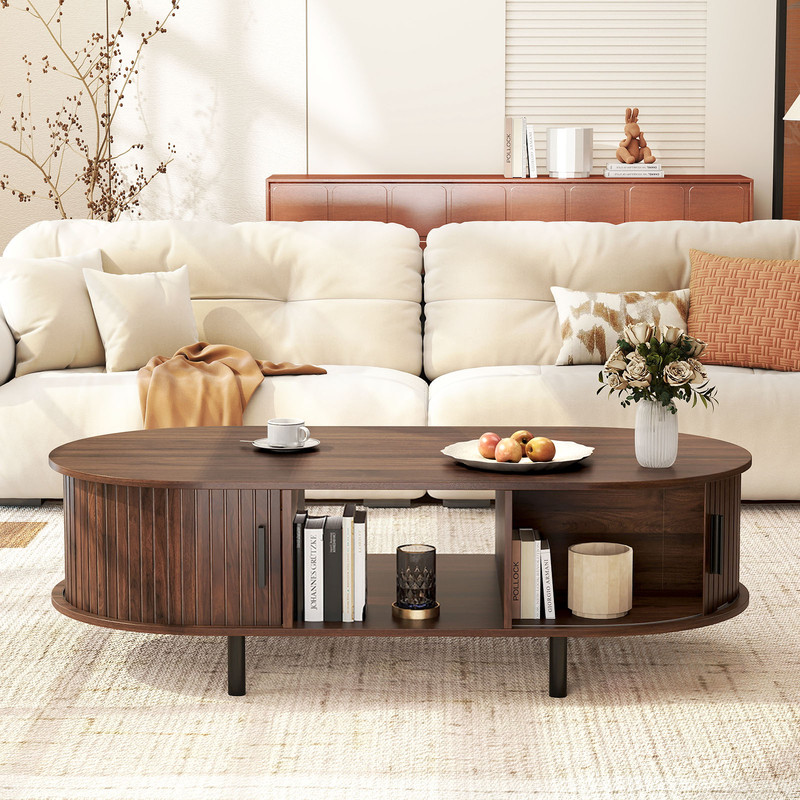 MidCentury Modern Center Table Sliding Fluted Doors Spacious Open Storage 0