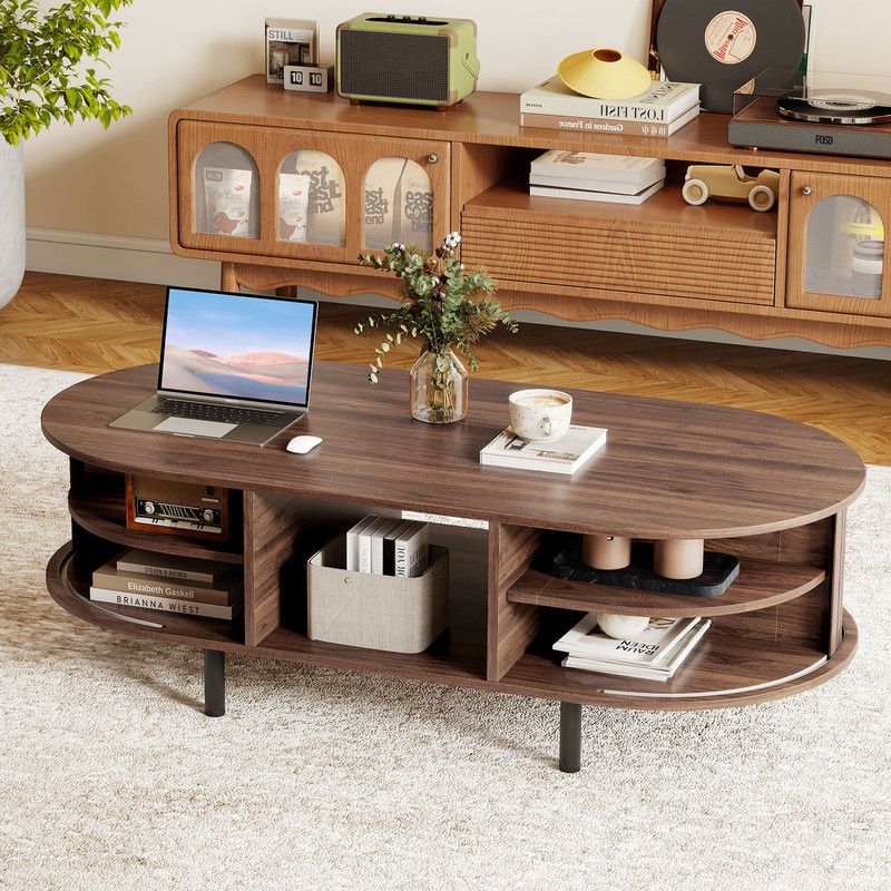 MidCentury Modern Center Table Sliding Fluted Doors Spacious Open Storage 1