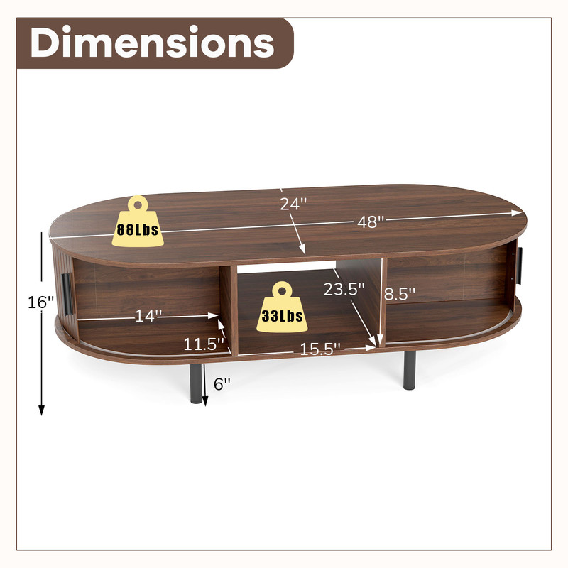 MidCentury Modern Center Table Sliding Fluted Doors Spacious Open Storage 4
