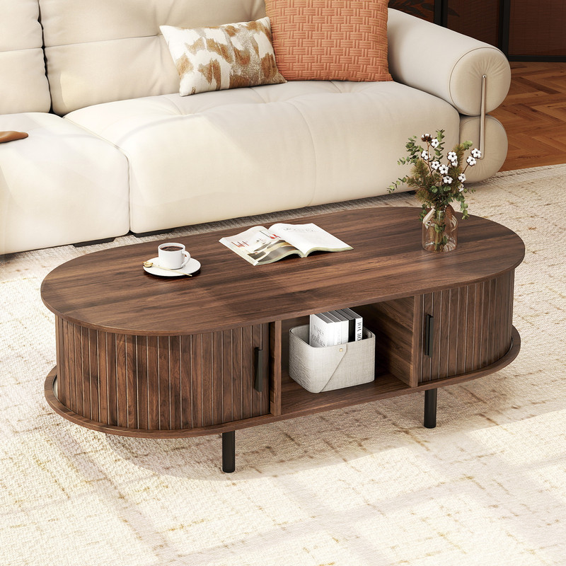 MidCentury Modern Center Table Sliding Fluted Doors Spacious Open Storage 5