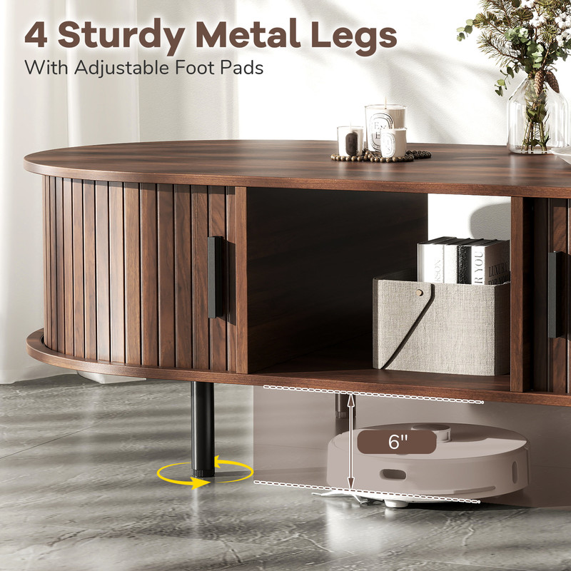 MidCentury Modern Center Table Sliding Fluted Doors Spacious Open Storage 2