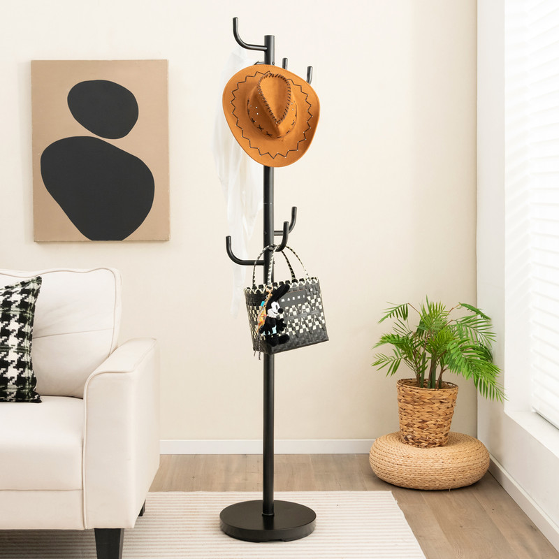 Freestanding Metal Coat Rack Stand with 8 Hooks and Heavy Duty Base for Entryway, Bedroom, or Office