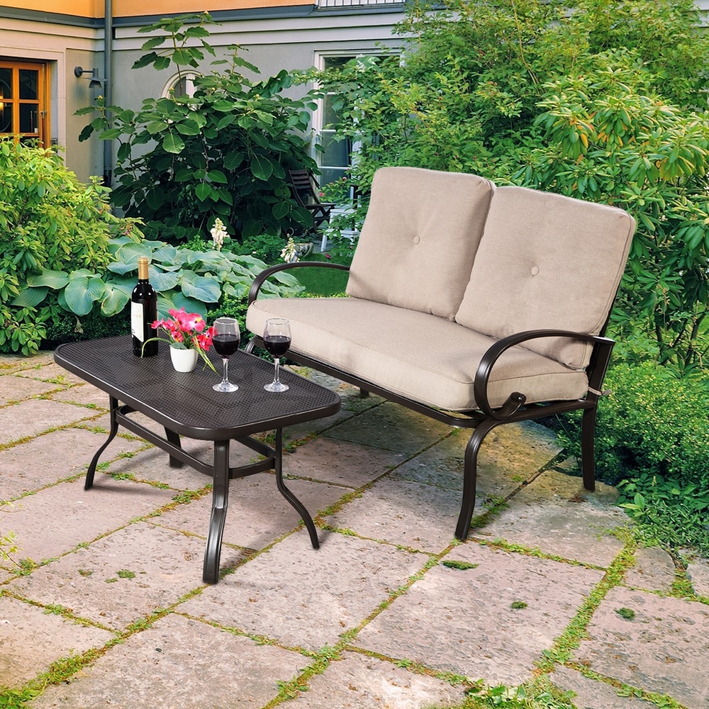 2 Pieces Patio Outdoor Cushioned Coffee Table Seat Set, Weather-Resistant Loveseat & Table for Garden, Porch, Backyard,
