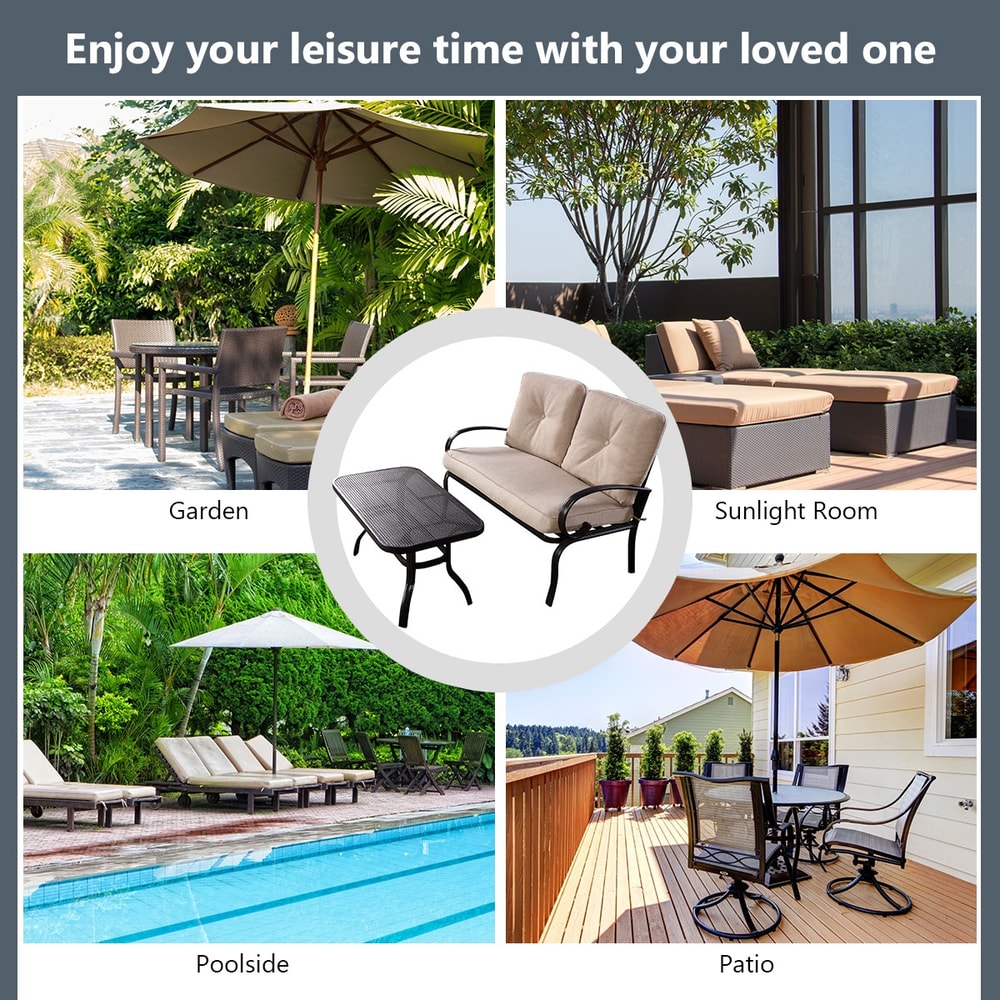 2 Pieces Patio Outdoor Cushioned Coffee Table Seat Set, Weather-Resistant Loveseat & Table for Garden, Porch, Backyard,