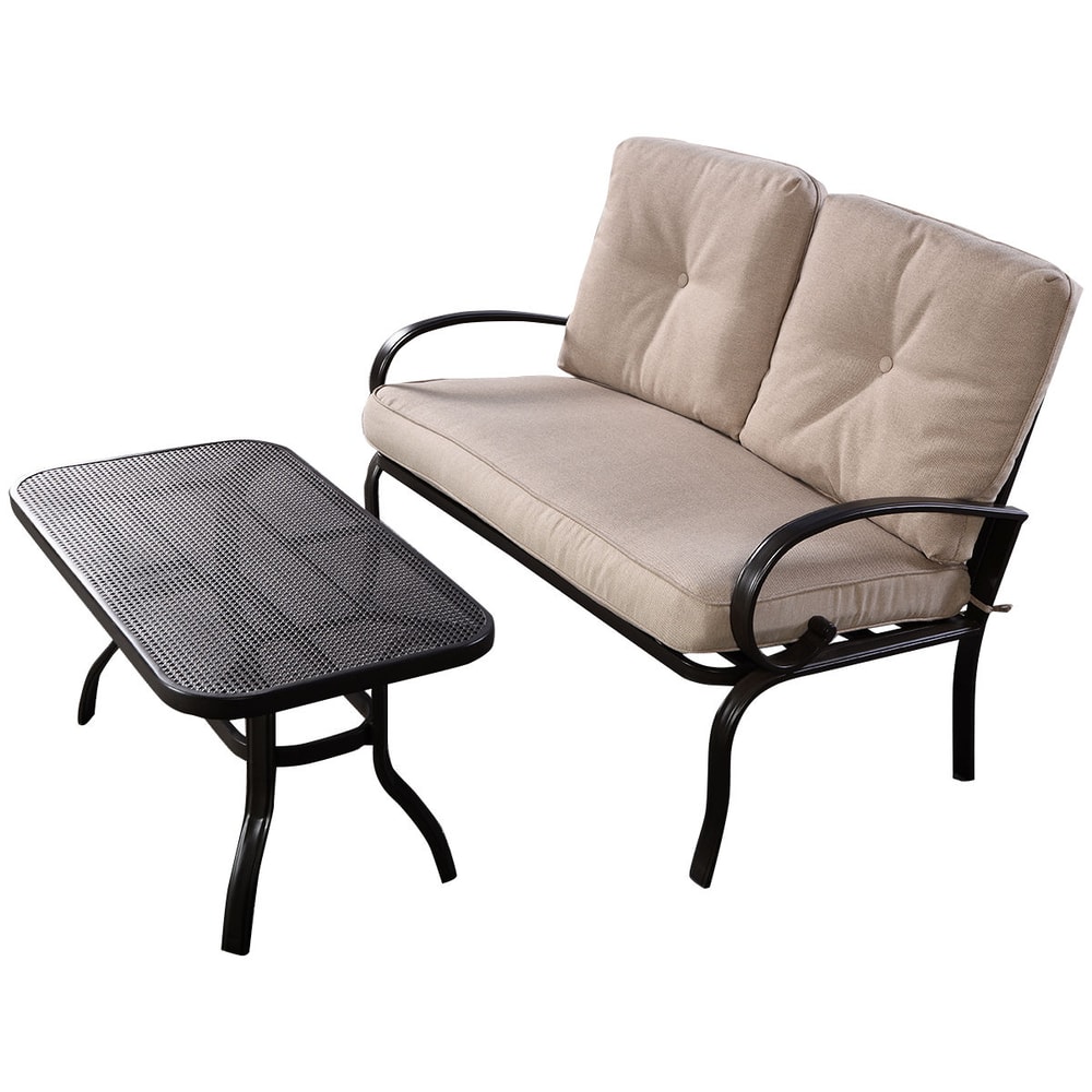 2 Pieces Patio Outdoor Cushioned Coffee Table Seat Set, Weather-Resistant Loveseat & Table for Garden, Porch, Backyard,