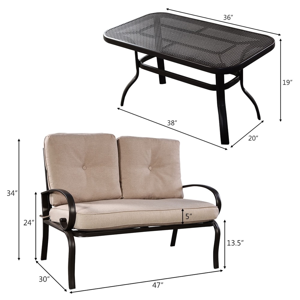 2 Pieces Patio Outdoor Cushioned Coffee Table Seat Set, Weather-Resistant Loveseat & Table for Garden, Porch, Backyard,