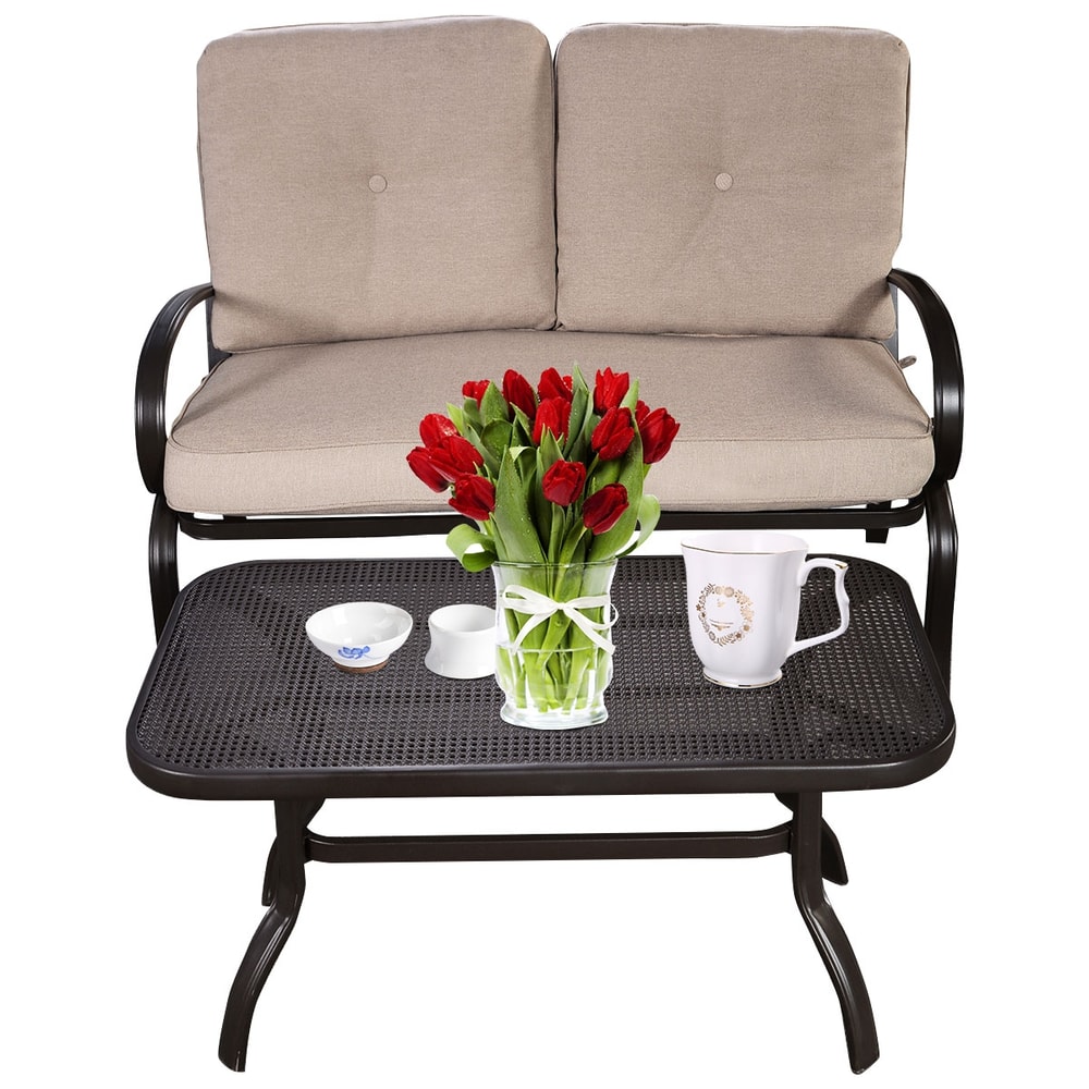 2 Pieces Patio Outdoor Cushioned Coffee Table Seat Set, Weather-Resistant Loveseat & Table for Garden, Porch, Backyard,