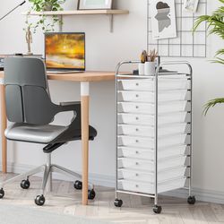 10 drawer rolling storage cart organizer with 4 universal casters, mobile craft utility cart for home office classroom