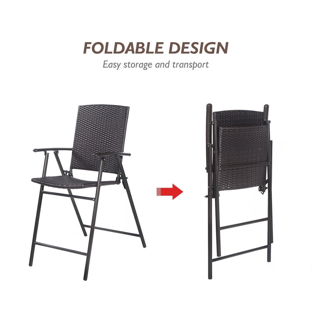 Set of 4 Folding Rattan Bar Chairs with Footrests & Armrests, Indoor Outdoor Patio High Back Wicker Stools for Garden