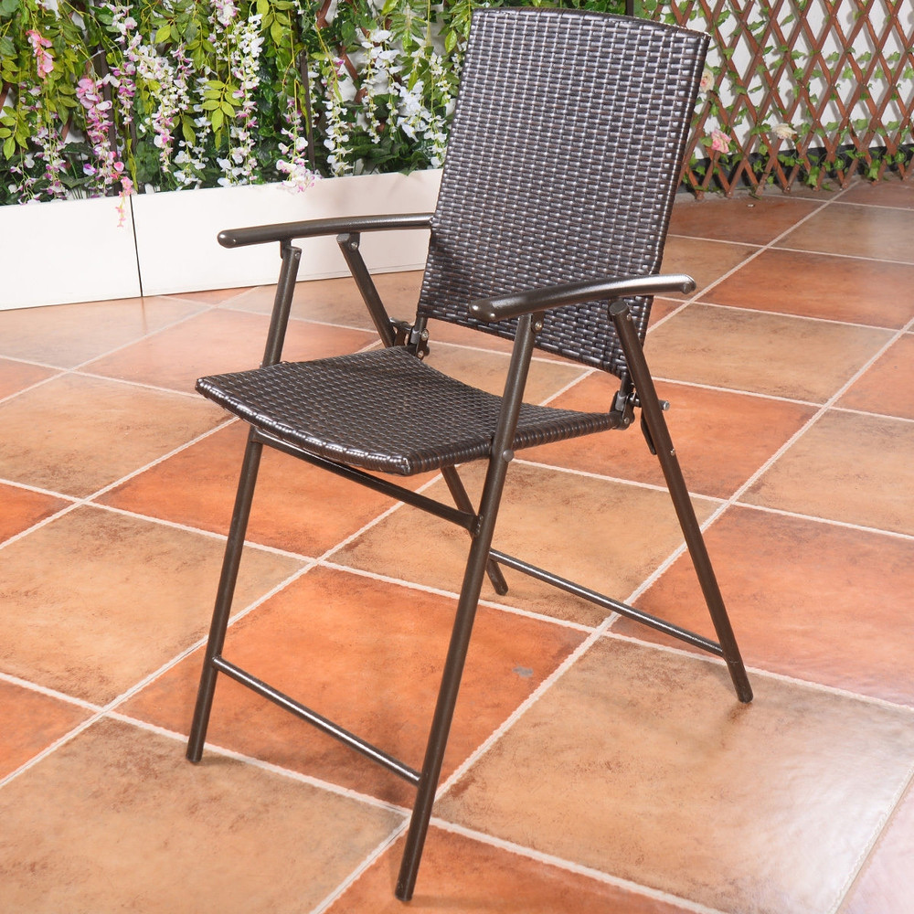 Set of 4 Folding Rattan Bar Chairs with Footrests & Armrests, Indoor Outdoor Patio High Back Wicker Stools for Garden