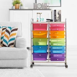 15-drawer utility rolling organizer cart multi-use storage with colorful drawers, mobile craft supply, office, bathroom