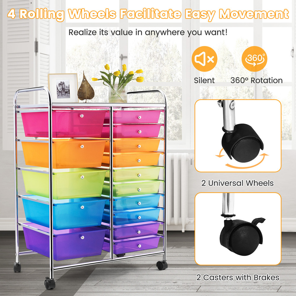 15-Drawer Utility Rolling Organizer Cart Multi-Use Storage with Colorful Drawers, Mobile Craft Supply, Office, Bathroom