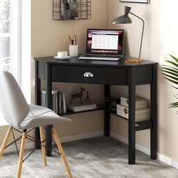 corner wooden piece laptop computer desk with drawer & shelves, compact home office corner workstation