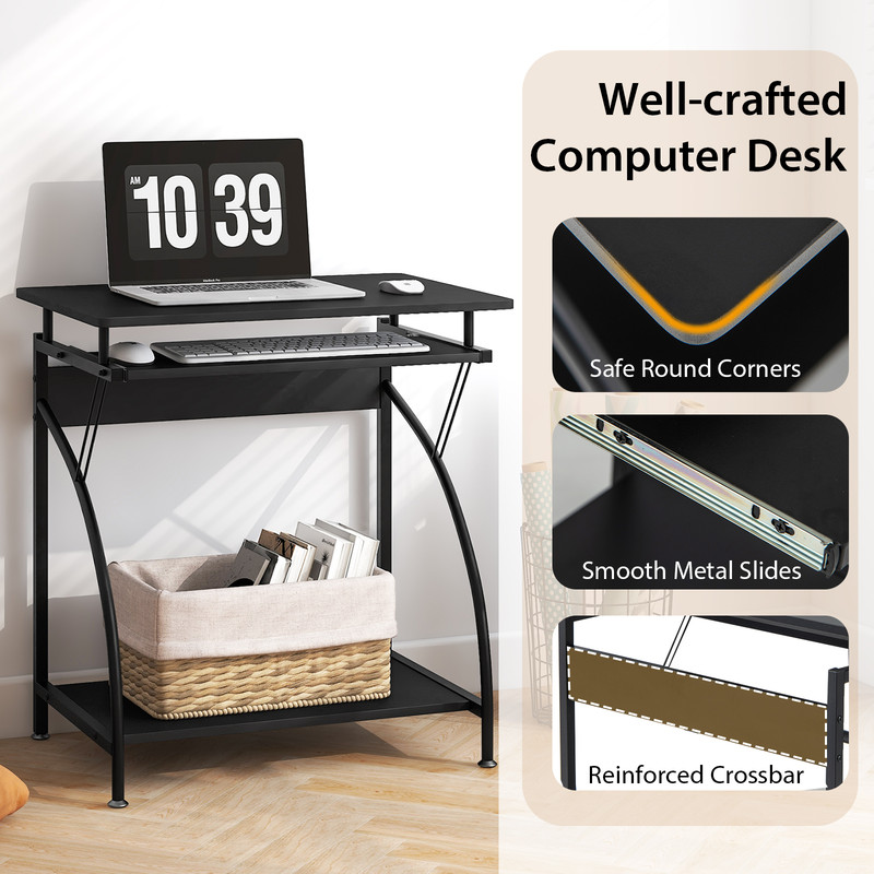 27.5 Inch Laptop Table Computer Desk for Small Spaces with Pull-out Keyboard Tray & Storage Shelf, Compact Home Office