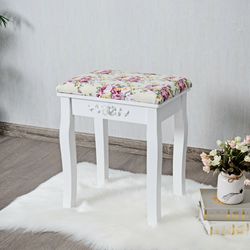 vanity wood dressing stool padded piano seat with rose cushion, floral upholstered makeup bench chair for bedroom