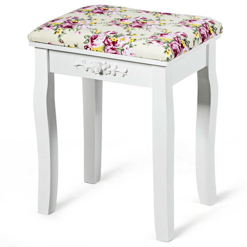 Vanity Wood Dressing Stool Padded Piano Seat with Rose Cushion, Floral Upholstered Makeup Bench Chair for Bedroom