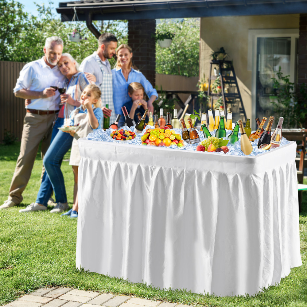 4 Feet Plastic Party Ice Folding Table with Matching Skirt, Indoor Outdoor Beverage Cooler Table for Events, Wedding