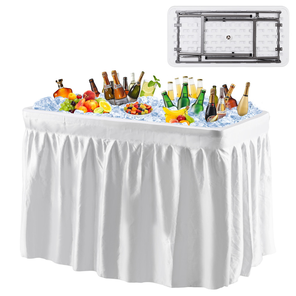 4 Feet Plastic Party Ice Folding Table with Matching Skirt, Indoor Outdoor Beverage Cooler Table for Events, Wedding