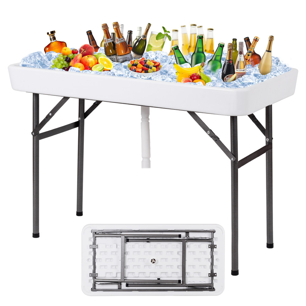 4 Feet Plastic Party Ice Folding Table with Matching Skirt, Indoor Outdoor Beverage Cooler Table for Events, Wedding