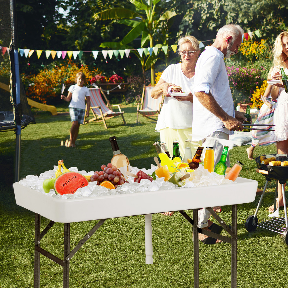 4 Feet Plastic Party Ice Folding Table with Matching Skirt, Indoor Outdoor Beverage Cooler Table for Events, Wedding
