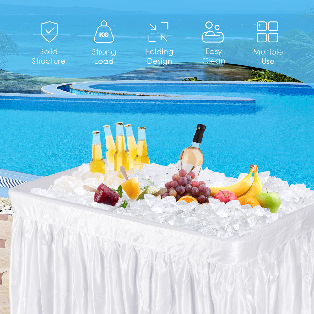 4 Feet Plastic Party Ice Folding Table with Matching Skirt, Indoor Outdoor Beverage Cooler Table for Events, Wedding