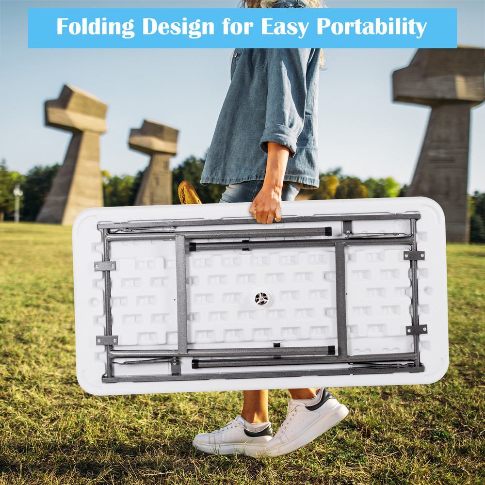 4 Feet Plastic Party Ice Folding Table with Matching Skirt, Indoor Outdoor Beverage Cooler Table for Events, Wedding