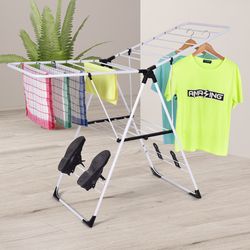 portable laundry clothes storage drying rack with adjustable wings & shoe shelf, indoor outdoor foldable drying stand